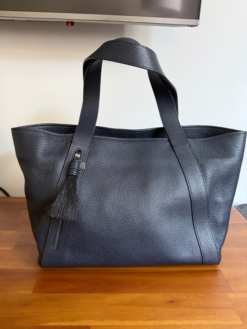 Akris Navy Pebbled Leather Tote with Horsehair Tassel